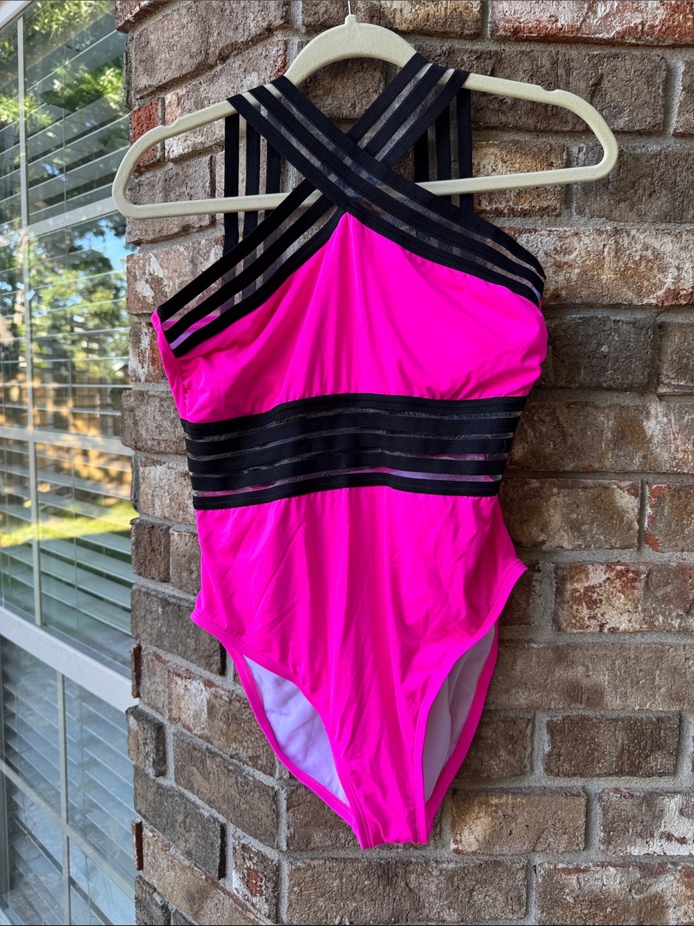 Hilor Hot Pink One-Piece Swimsuit with Black Strappy Accents size L (10-12)